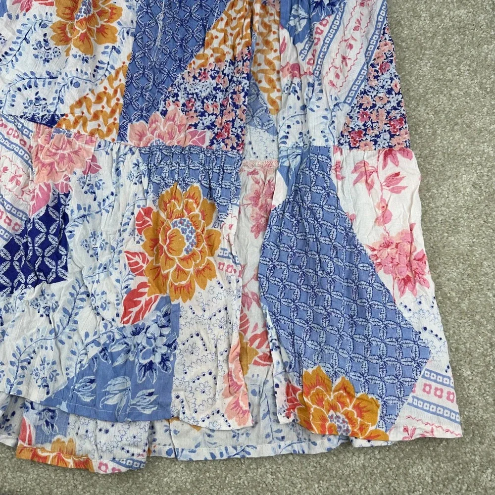 Angie Boho Patchwork Floral Maxi Skirt Small Slit Festival Cottagecore Coastal